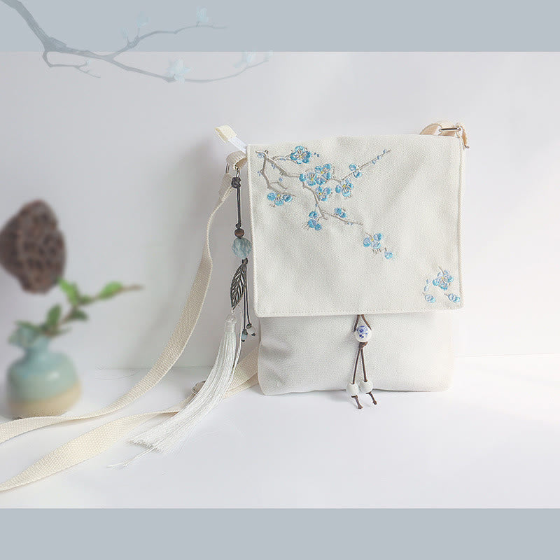 Buddha Stones Handmade Embroidered Plum Flowers Canvas Crossbody Bag Shoulder Bag Handbag Crossbody Bag BS White Blue Plum 20*23cm