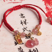 Foviel Natural Strawberry Quartz Money Bag Lotus Healing Charm Red String Braided Bracelet