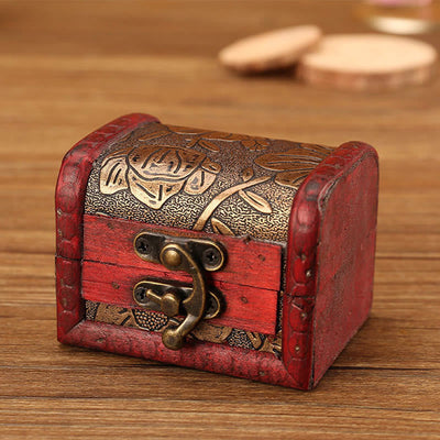 Buddha Stones Retro Small Wood Jewelry Box Lotus Golden Grape Copper Coin Daffodil Grass Flower Jewelry Storage Box Jewelry Box BS Lotus 8*6.5*6cm