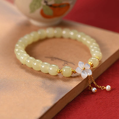 Buddha Stones 925 Sterling Silver Natural Hetian Jade Luck Flower Bracelet Bracelet BS 7