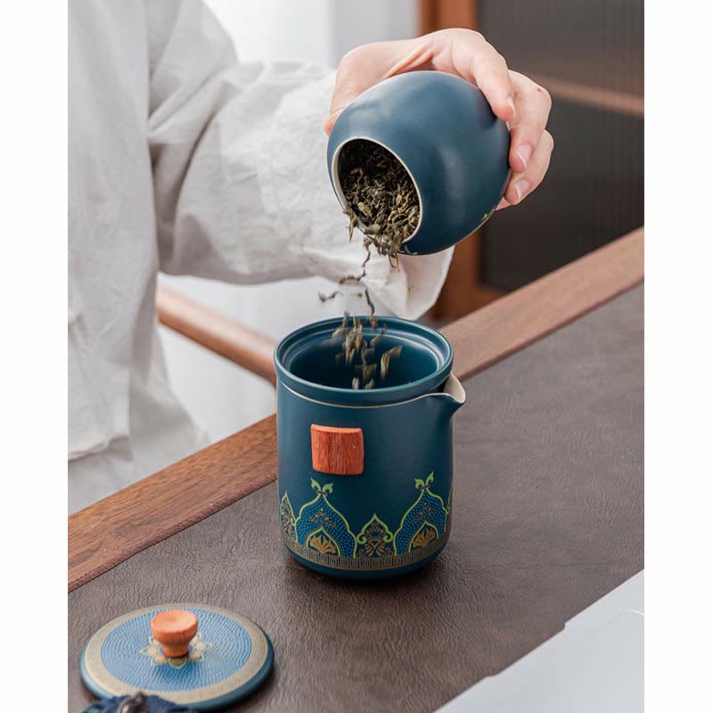 Buddha Stones Flower Chinese Gongfu Ceramic Teapot Portable Outdoor Travel Tea Set Bag Teapot BS 6