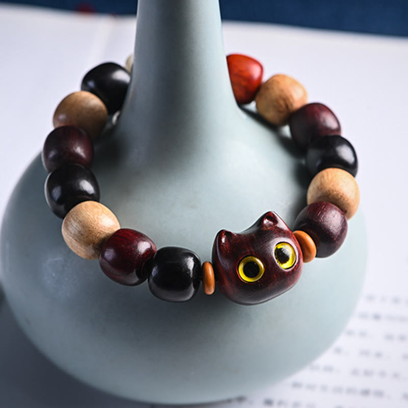 Bracelet de protection Foviel à gravure de chat mignon en bois de santal rouge à petites feuilles et bois d'ébène