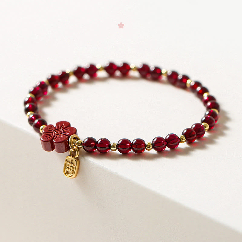 Buddha Stones 14K Gold Natural Garnet Cinnabar Flower Calm Bracelet Bracelet BS 2