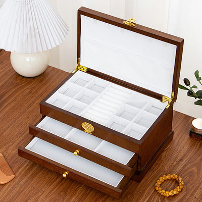 Buddha Stones Retro Wooden Jewelry Box Three-Layer Jewelry Storage Box Jewelry Box BS 2