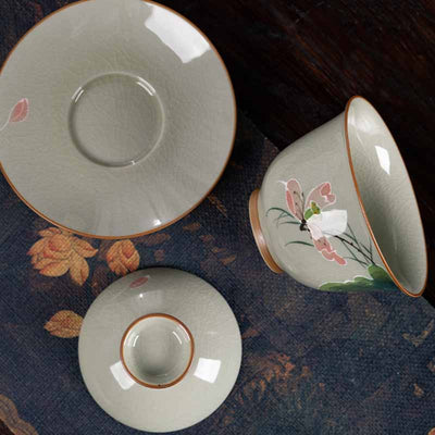 Buddha Stones Lotus Koi Fish Pod Leaf Ceramic Gaiwan Sancai Teacup Kung Fu Tea Cup And Saucer With Lid 140ml Cup BS 14