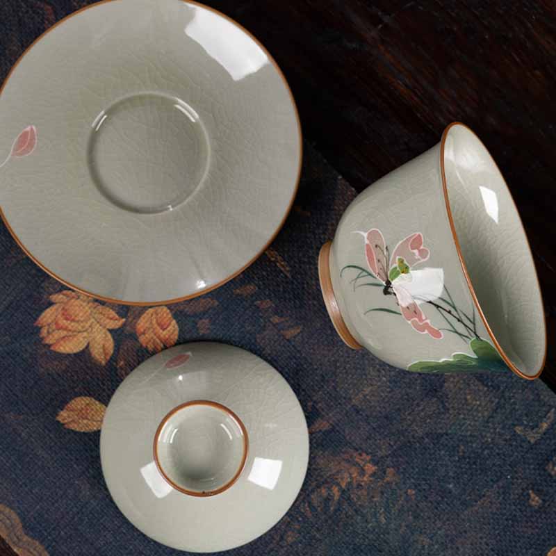 Buddha Stones Lotus Koi Fish Pod Leaf Ceramic Gaiwan Sancai Teacup Kung Fu Tea Cup And Saucer With Lid 140ml Cup BS 14