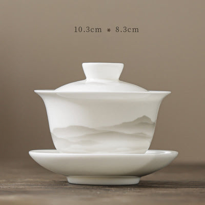 Buddha Stones Vintage Ink Painting Mountain White Porcelain Ceramic Gaiwan Sancai Teacup Kung Fu Tea Cup And Saucer With Lid Tea Utensil Teapot Cup BS 9