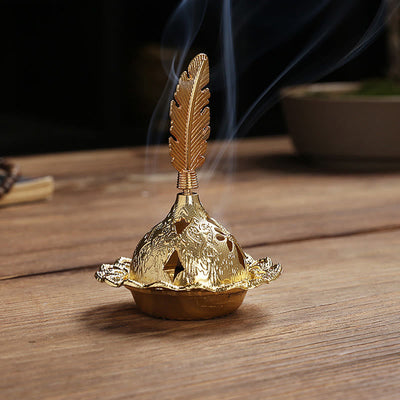 Buddha Stones Gold Gourd Star Feather Spiritual Meditation Mini Alloy Metal Incense Burner Incense Burner BS Feather 7*9.7cm