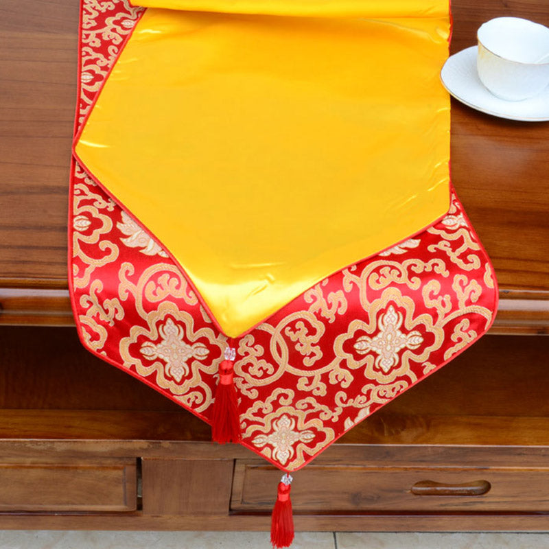 Buddha Stones Prayer Altar Flower Vajra Dragon Pattern Tibetan Auspicious Symbols Tassels Jacquard Table Runner Prayer Altar BS 2