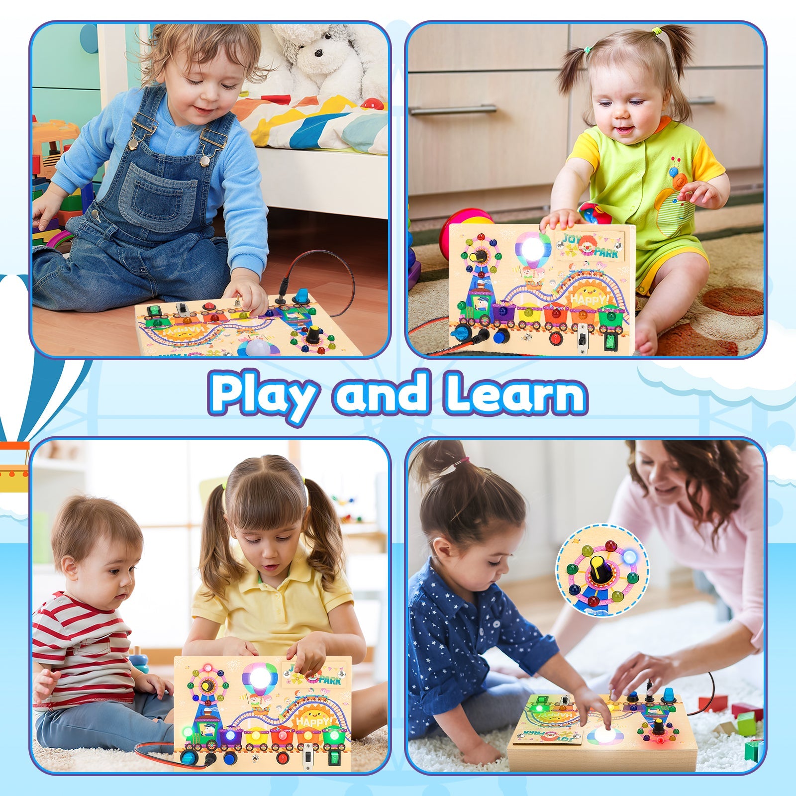Fidtoy Montessori Wooden Busy Board -Light-Up Sensory Activity Toy for Toddlers, Fine Motor Skills Learning Toy for Ages 1-4, Travel-Friendly Fidget Board for Boys & Girls