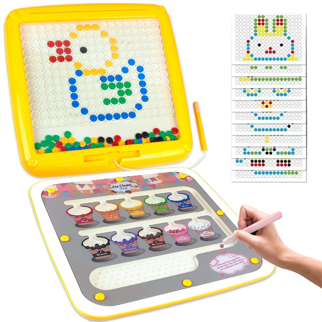Fidtoy 2in1 Magnetic Bead Maze Color Sorting and Drawing Board, Plastic Double-Sided Magnetic Maze and Doodle Board, Color Counting Fine Motor Travel Toy Ages 3+