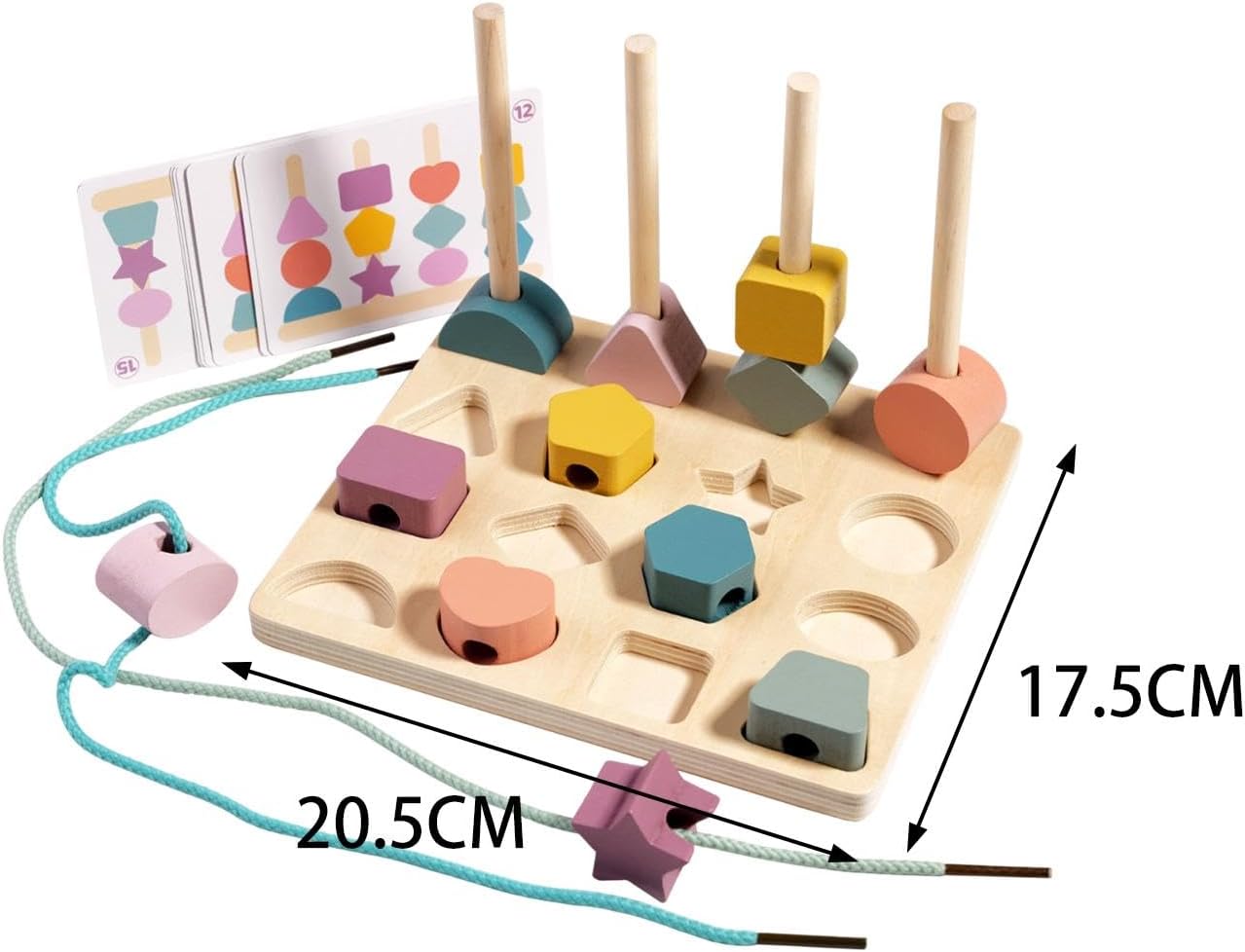 Fidtoy Wooden Montessori Shapes Stacking Sequence with Lacing Bead Sorting Fine Motor Toy for Kids Ages 2 to 6