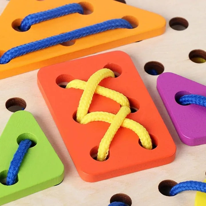 Fidtoy Wooden Rope Shape Lacing Pattern Kit Fine Motor Threading Toy for Kids Ages 3+