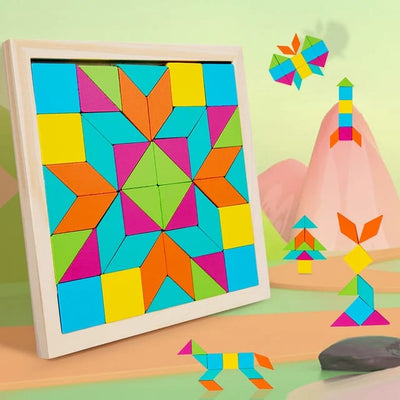 Fidtoy Wooden Geometrical Shapes Pattern Tangram Puzzle Montessori Color Shape Learning Toy for Kids Ages 2 to 6
