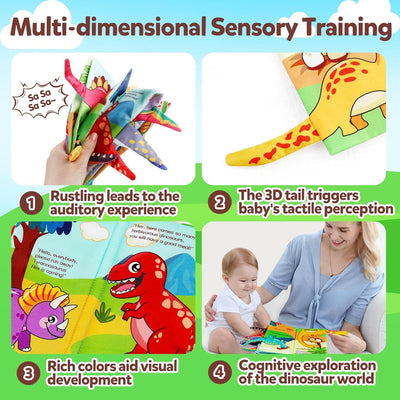 Fidtoy Baby Soft Dinosaur Learning Cloth Book Sensory Crinkle Baby Book with Textured Dinosaur Tails for Infants and Toddlers Ages 0-2