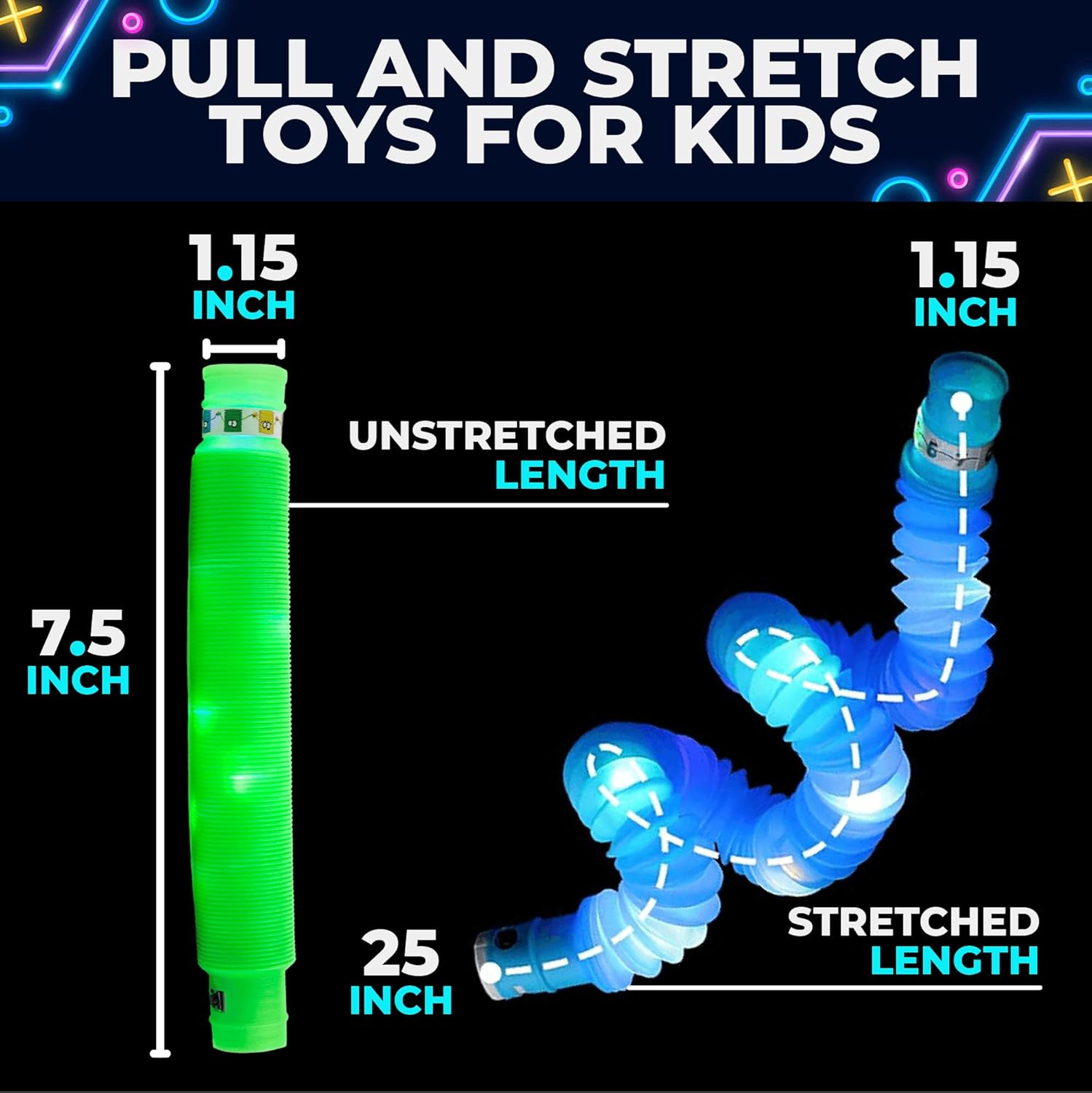 Fidtoy Glow in the Dark Stretchable Pop Tube Set for Kids Sensory Party Play Fine Motor Fun