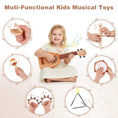 Fidtoy 7-Piece Musical Toys for Toddlers Ukulele Instrument Set Kids Rhythm Learning Toys