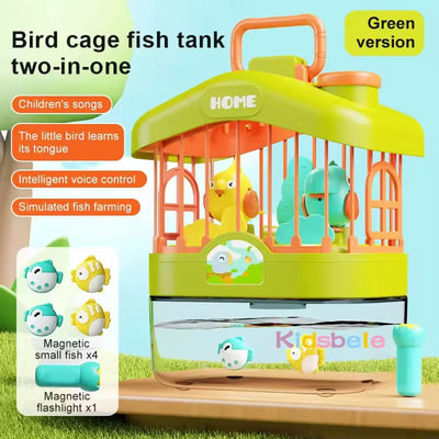 Fidtoy Jouet 2 en 1 Cage à oiseaux parlante et aquarium à poissons magnétiques en plastique avec capteur vocal, musique, lumières et jeu de pêche magnétique pour enfants de 2 ans et plus