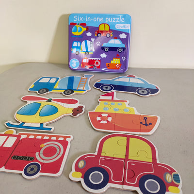 Fidtoy 6-in-1 Jigsaw Puzzle with Number Transport Tin Box for Kids, Transport Theme Number Recognition Puzzle Set, Progressive Toddler Learning Puzzle Age 2–6