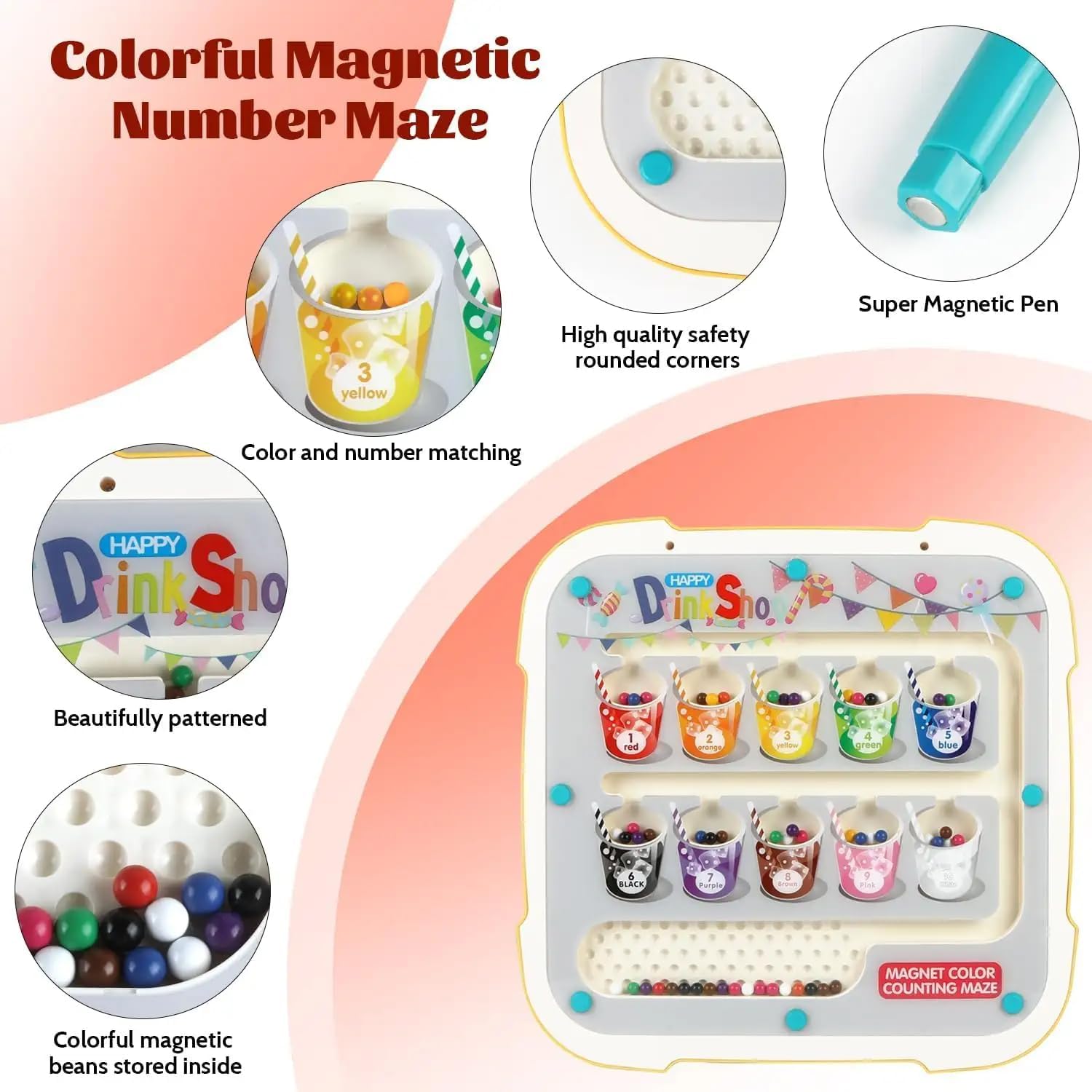 Fidtoy Pink 2in1 Magnetic Bead Maze Color Sorting and Drawing Board, Plastic Double-Sided Magnetic Maze and Doodle Board, Color Counting Fine Motor Travel Toy Ages 3+