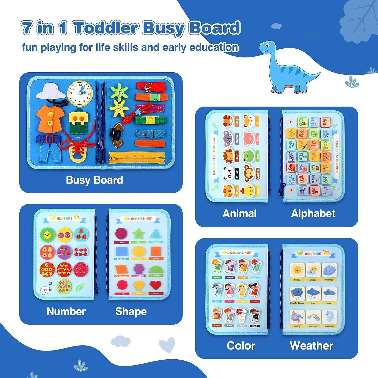 Fidtoy Busy Dinosaur Learning Sensory Fine Motor Book  for Toddlers – 5 Double-Sided Montessori Busy Book with Buckles, Zippers, Numbers, Letters & Weather Activities