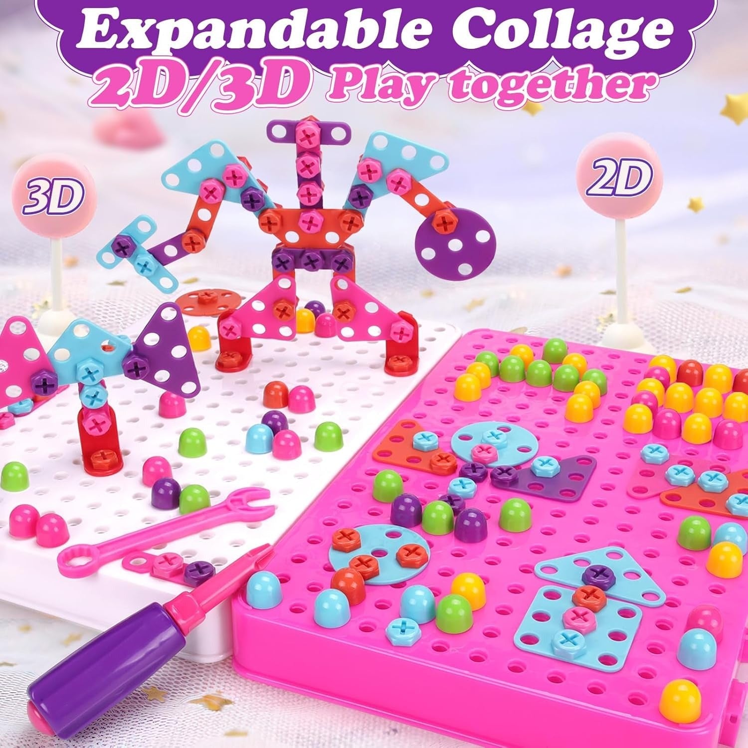Fidtoy Ensemble de jeu d'outils de perceuse électrique créative magique 3 en 1 pour enfants | Jouet de construction STEM avec étui de rangement portable - Rose