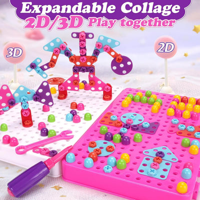 Fidtoy Ensemble de jeu d'outils de perceuse électrique créative magique 3 en 1 pour enfants | Jouet de construction STEM avec étui de rangement portable - Rose
