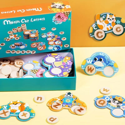 Fidtoy Wooden Animal Letters Car Cognitive Matching Card for Kids | Alphabet Spelling Car Game, Animal Recognition, Letter Learning, Word Matching, Fine Motor & Parent-Child Toy Age 3+