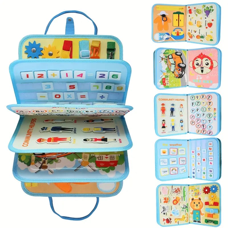 Fidtoy 10-in-1 Toddler Busy Board Cloth Book Multi-Sensory Interactive Learning Toy with Dressing Skills Alphabet Numbers Math Animals Cars Weather Clock Ages 0-4