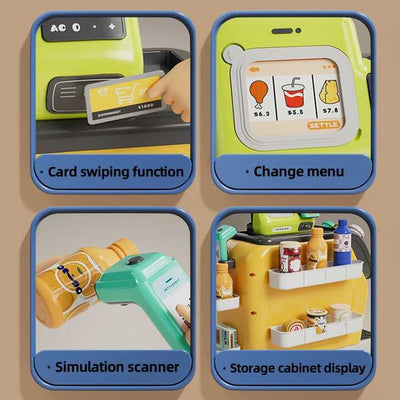 Fidtoy 3-in-1 Multifunctional Pretend Play House Cashier Coffee Set, Kids Plastic Coffee Maker Refrigerator Cashier Toy, Kitchen Shopping Role Play Set for Ages 3+