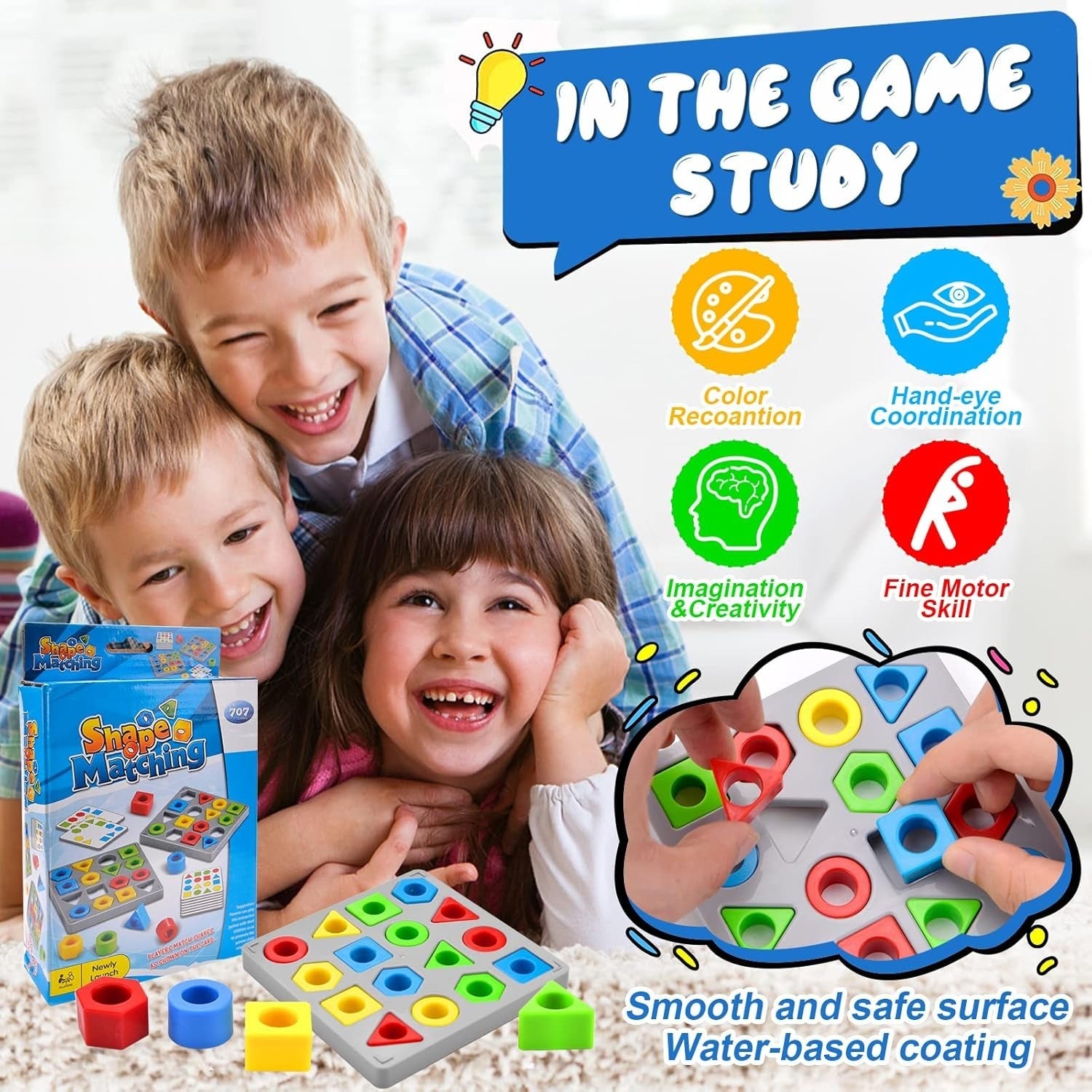 Fidtoy Shape Matching Challenge Pattern Game Multiplayer for Kids Ages 3-8, Plastic Geometry Matching Board with Colorful Shapes, Challenge Cards