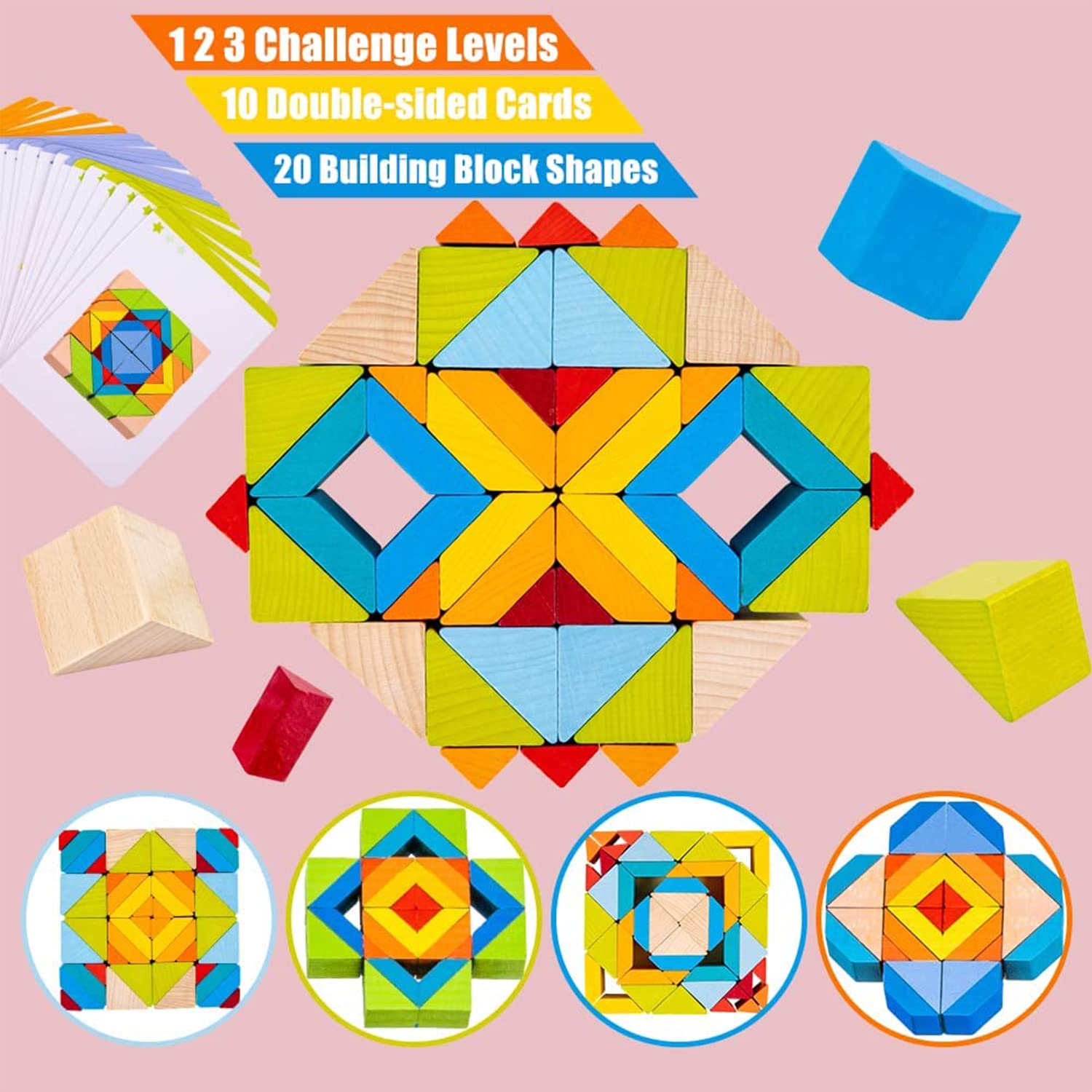 Fidtoy 3D Wooden Geometrical Arranging Mind Puzzle Challenge, 48 Piece Wooden Geometry Stacking Blocks with Pattern Cards, Montessori Shape Sorting STEM Puzzle for Kids Ages 5+