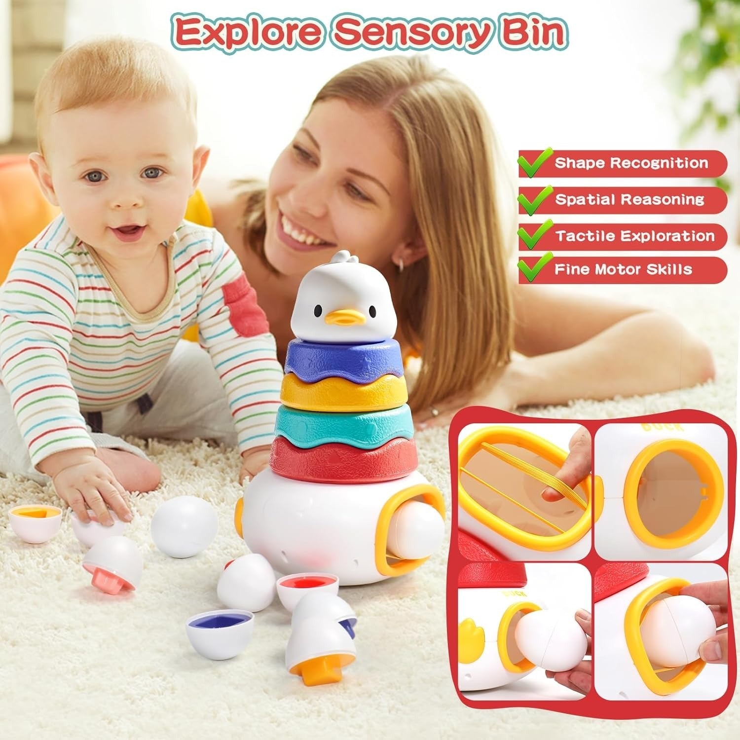 Fidtoy Jouet Culbuto Canard 2-en-1 et Jeu d'Association d'Œufs, Blocs de Construction Canard en Plastique avec 6 Œufs à Assortir, Jouet d'Apprentissage Sensoriel pour la Motricité Fine, 12 Mois et Plus