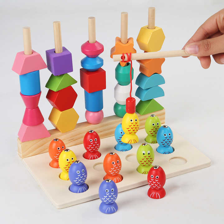 Fidtoy Wooden Five Sets of Shape Columns Lacing and Fishing Game 30 Beads Sorting Stacking Toy for Kids Ages 3+