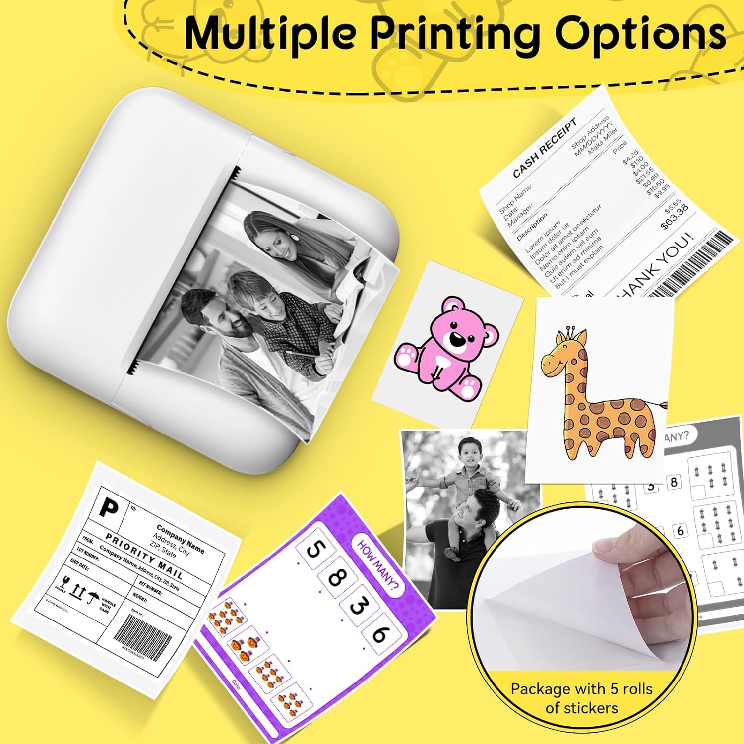 Fidtoy Mini Portable Pocket Thermal Bluetooth Printer with LED Light for Kids Students Notes Labels Crafts
