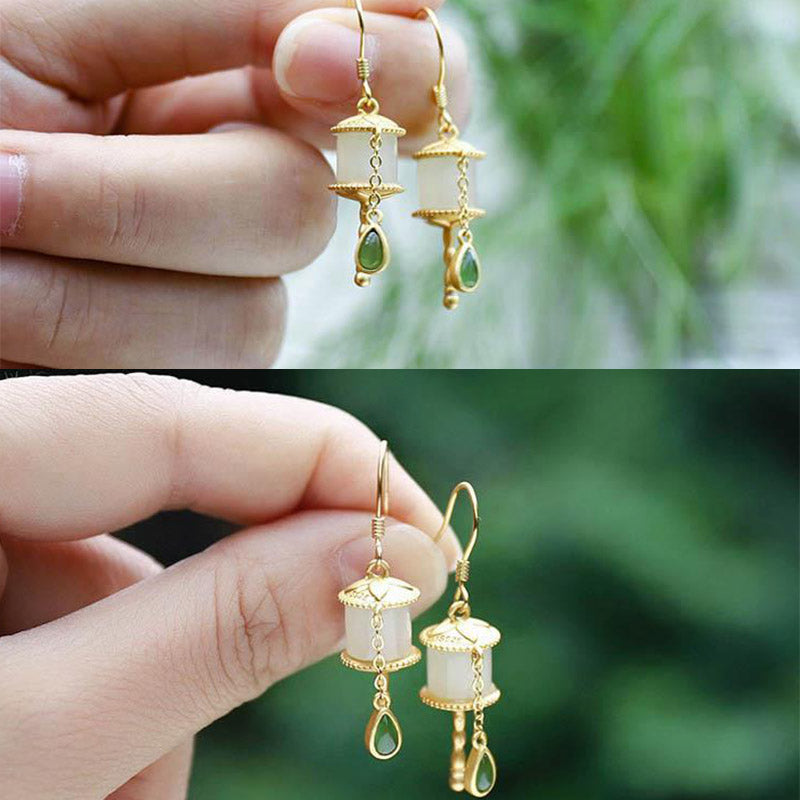 Buddha Stones 925 Sterling Silver Jade Prayer Wheel Luck Drop Earrings Earrings BS 9