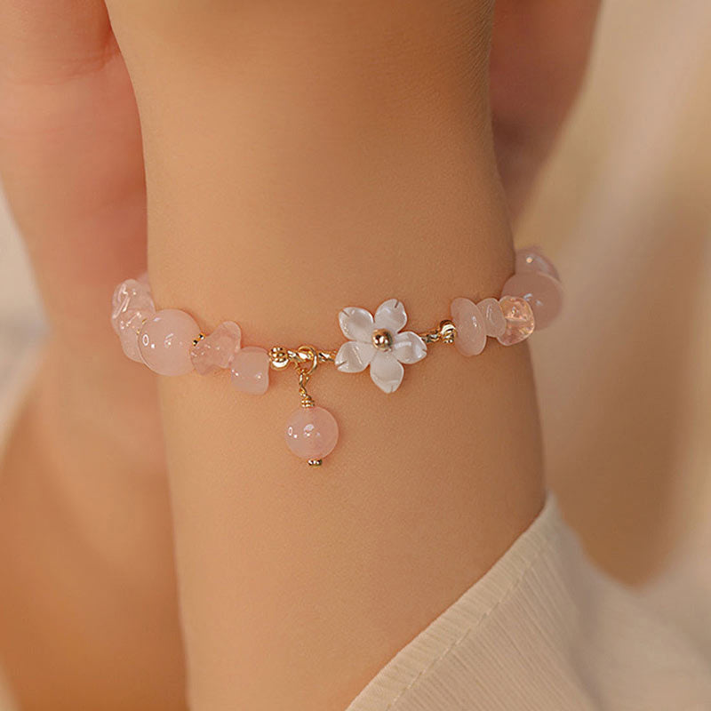 Buddha Stones 14k Gold Plated Natural Pink Crystal Flower Love Bracelet Bracelet BS 4
