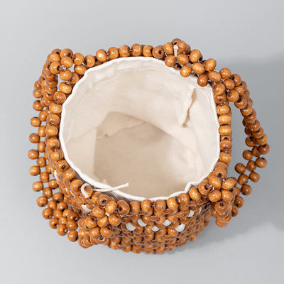 Buddha Stones Hand-woven Bucket Portable Wooden Beads Handbag Handbags BS 1