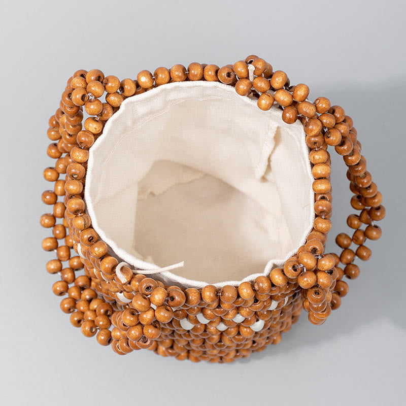 Buddha Stones Hand-woven Bucket Portable Wooden Beads Handbag Handbags BS 1