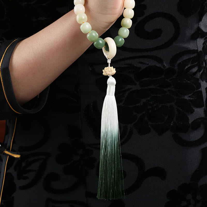 Buddha Stones Natural Gradient Bodhi Seed Fortune Money Bag Lotus Wisdom Tassel Wrist Mala Wrist Mala BS 15