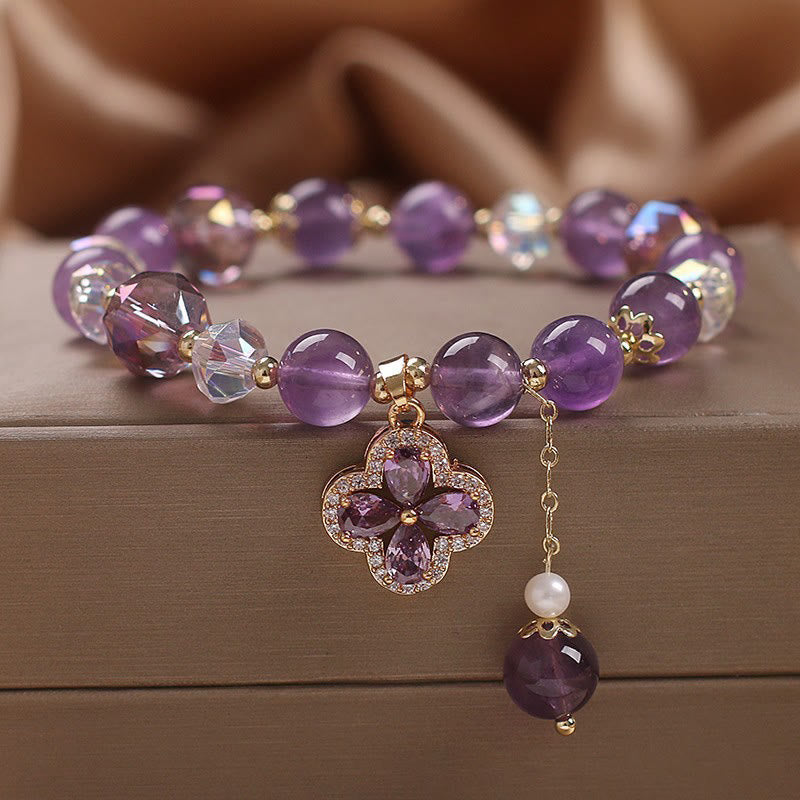 Bracelet de guérison spirituelle Foviel en cristal d'améthyste naturelle à quatre feuilles
