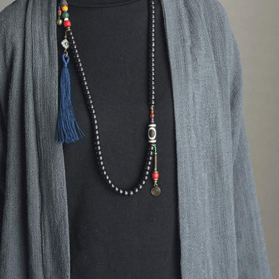Buddha Stones 108 Beads Mala Ebony Wood Dzi Bead Copper Balance Tassel Bracelet - image 6