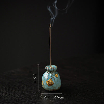 Buddha Stones Small Treasure Bowl Lucky Bag Bagua Tray Healing Ceramic Stick Incense Burner Decoration Incense Burner BS Blue Lucky Bag 2.9*2.9*3.6cm