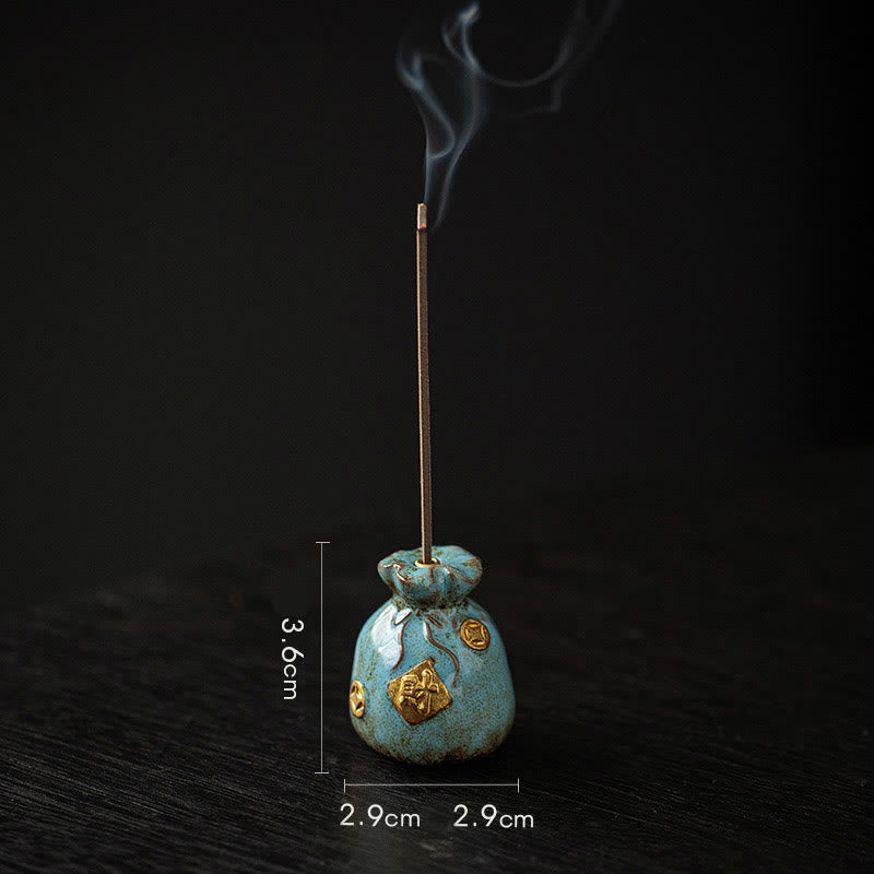 Buddha Stones Small Treasure Bowl Lucky Bag Bagua Tray Healing Ceramic Stick Incense Burner Decoration Incense Burner BS Blue Lucky Bag 2.9*2.9*3.6cm