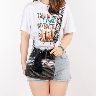 Buddha Stones Beach Geometry Straw Woven Bucket Tassels Crossbody Bag Shoulder Bag Crossbody Bag BS 14