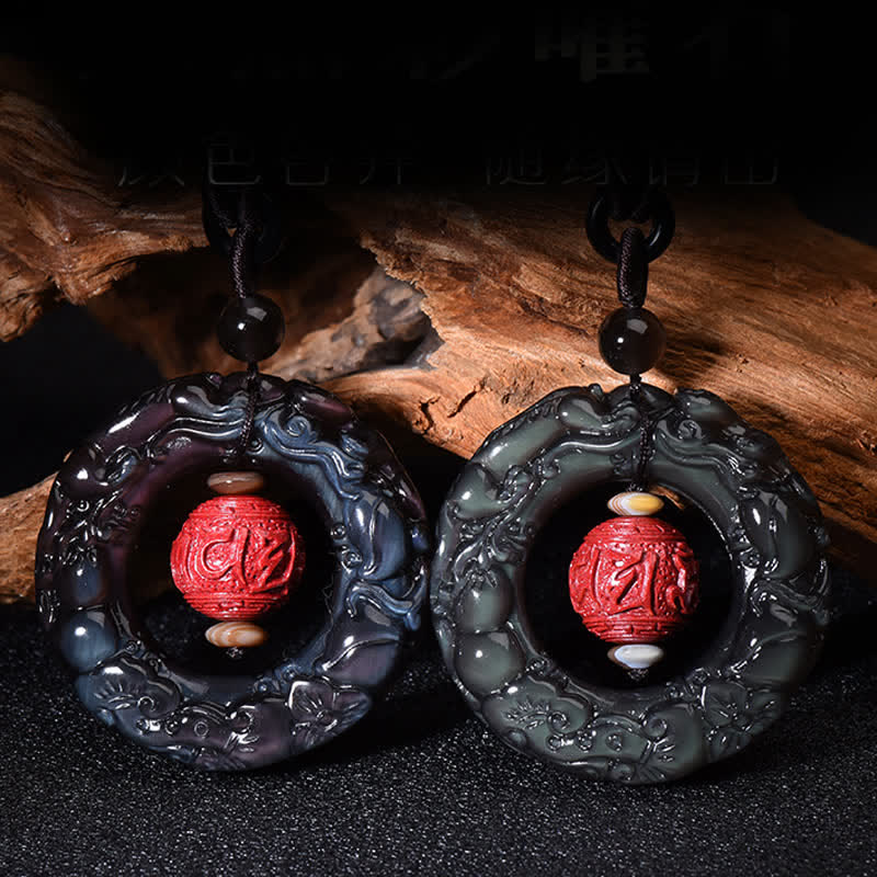 Buddha Stones FengShui Natural Rainbow Obsidian PiXiu Cinnabar Healing Necklace Pendant Necklaces & Pendants BS 6
