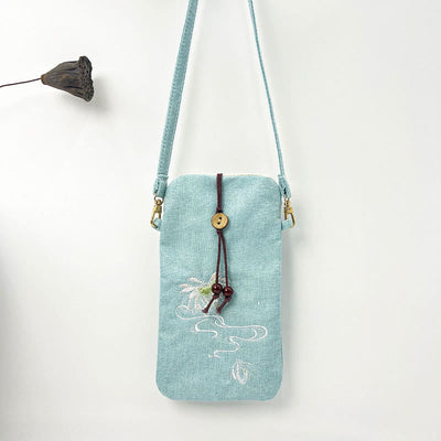 Buddha Stones Small Embroidered Flowers Crossbody Bag Shoulder Bag Cellphone Bag 11*20cm Crossbody Bag BS Light Green Lotus 11*20cm