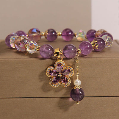 Bracelet fleur en améthyste naturelle et perle, symbole de transformation positive