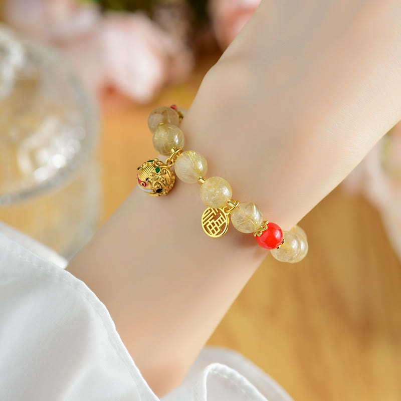 Buddha Stones Natural Golden Rutilated Quartz Fu Character Charm Bell Wealth Bracelet Bracelet BS 6