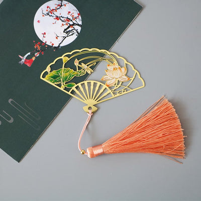 Buddha Stones Traditional Butterfly Lotus Flower Crane Dragon Phoenix Fox Koi Fish New Beginning Metal Brass Hollow Fan Bookmarks Bookmarks BS Lotus Flower Leaf